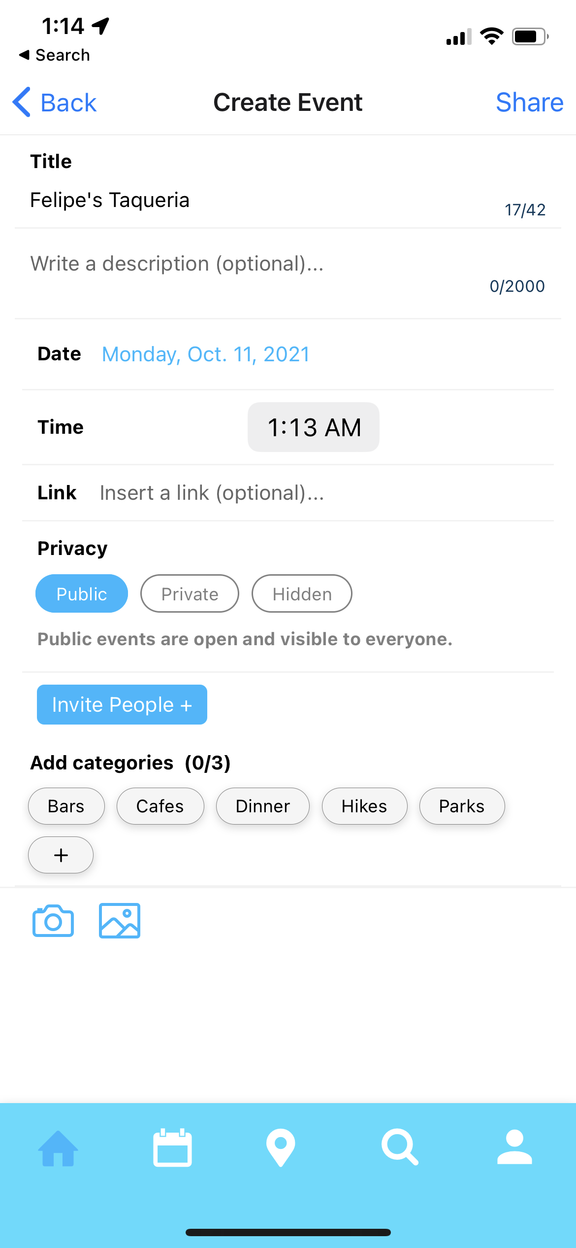 Create Event screen design with ordered fields and cover photo step