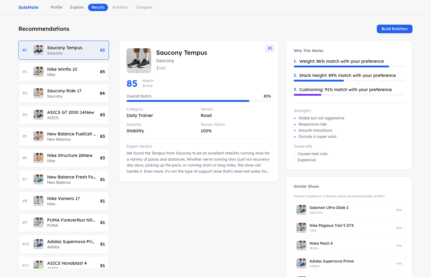 SoleMate recommendations page showing ranked shoe matches with explainability